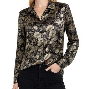 Vintage Silver Threads Floral Blouse Women Medium Black Gold Button Up Shirt